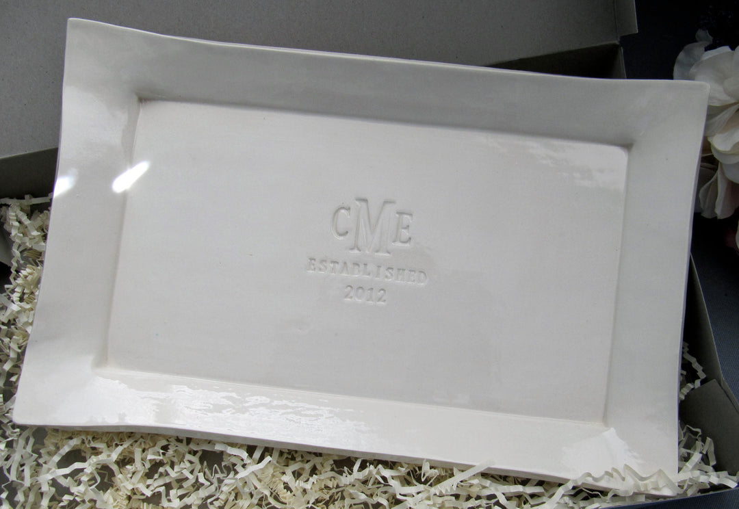 Personalized Rectangle Platter, Monogram & Date, 12.5x8 Ceramic