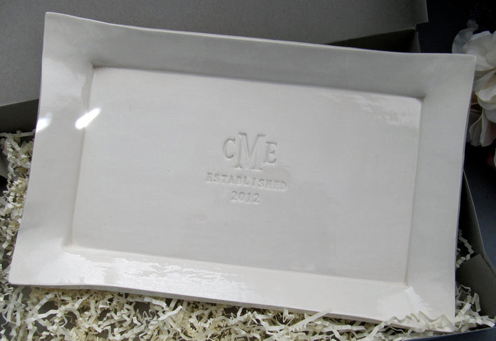 Personalized Rectangle Platter, Monogram & Date, 12.5x8 Ceramic