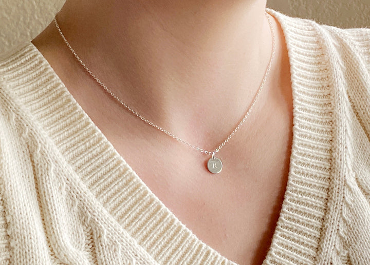 Initial Necklace, Small Letter Necklace, Personalized Disc Necklace  - 9mm Pendant