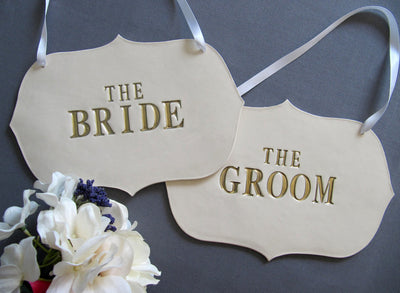 Large The Bride & The Groom Wedding Sign Set to Hang on Chair and Use as Photo Prop
