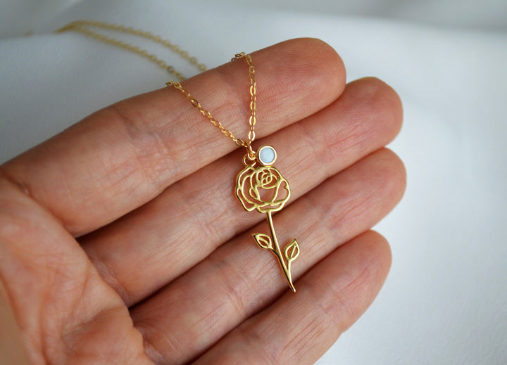 June Birth Flower Necklace, Rose Birth Flower Jewelry, Birthstone Stone Necklace, Mom Gift, Bridesmaid Gift
