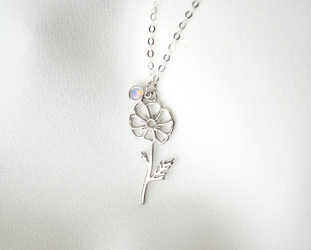 October Birth Flower Necklace, Cosmos Birth Flower Necklace, Birthday Gift for Her, Birthstone Stone Necklace, Bridesmaid Gift,