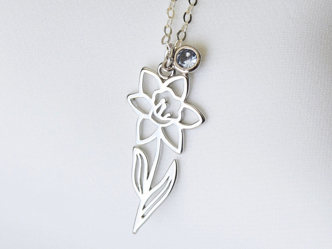 March Birth Flower Necklace, Daffodil Flower Necklace, Birth Flower with Birthstone Stone Necklace, March Birthday Gift for Her