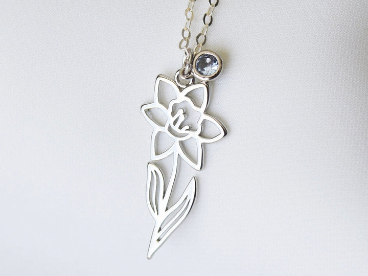 March Birth Flower Necklace, Daffodil Flower Necklace, Birth Flower with Birthstone Stone Necklace, March Birthday Gift for Her