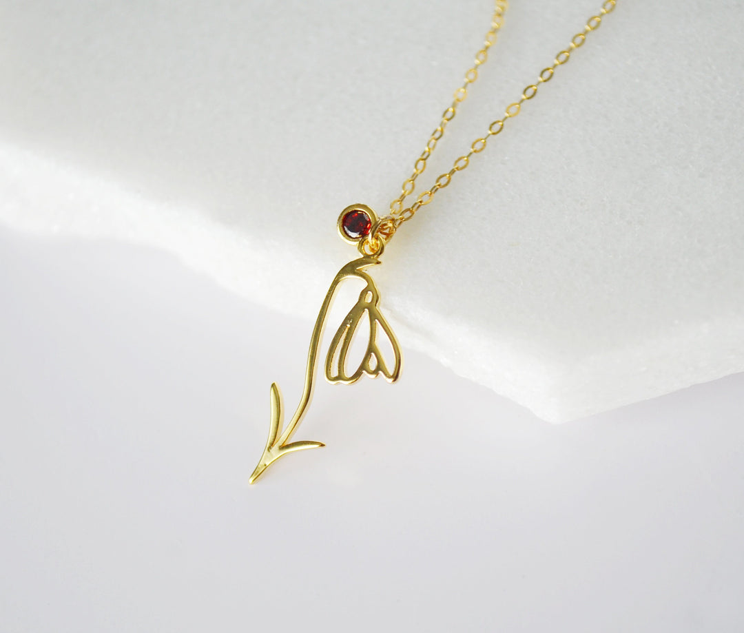 January Birth Flower Necklace, Snowdrop Flower Necklace, Birth Flower with Birthstone Stone Necklace, January Birthday Gift for Her