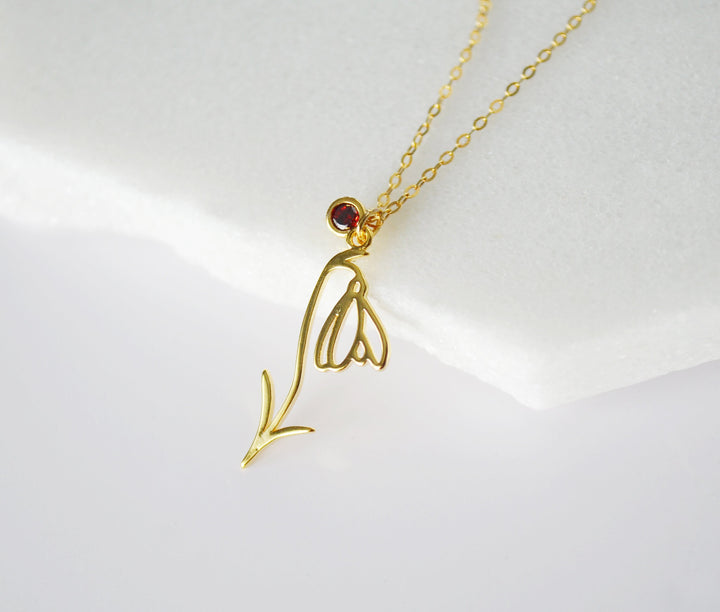 January Birth Flower Necklace, Snowdrop Flower Necklace, Birth Flower with Birthstone Stone Necklace, January Birthday Gift for Her