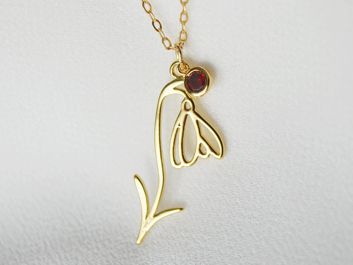 January Birth Flower Necklace, Snowdrop Flower Necklace, Birth Flower with Birthstone Stone Necklace, January Birthday Gift for Her