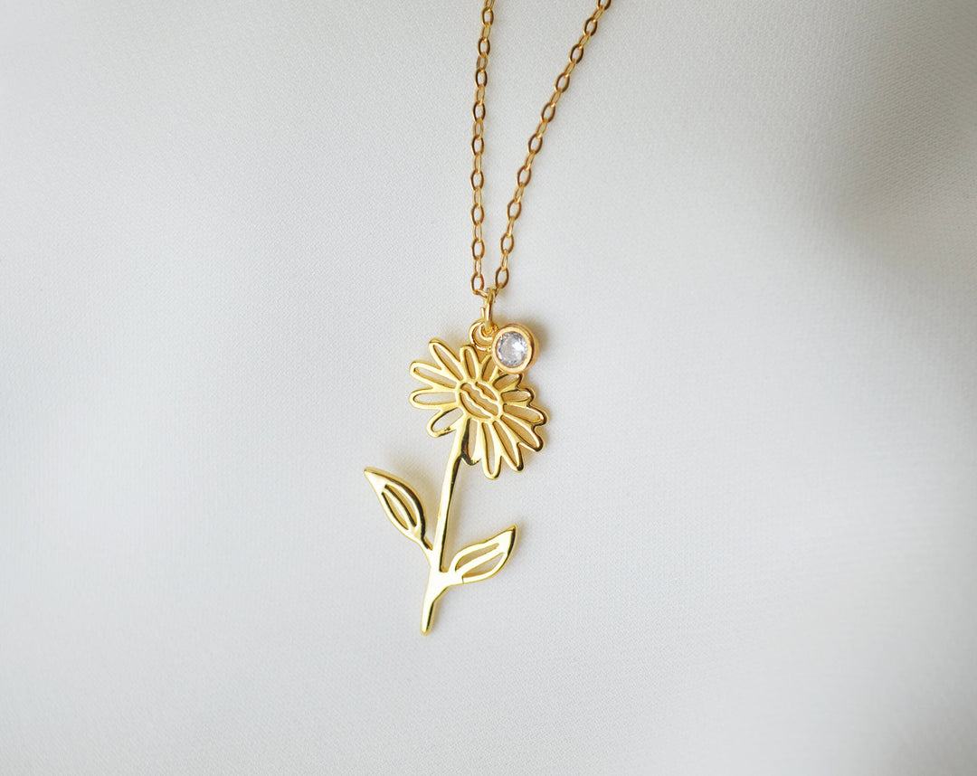 April Birth Flower Necklace, Daisy Birth Flower Necklace, Birth Flower with Birthstone Stone Necklace, April Birthday Gift for Her