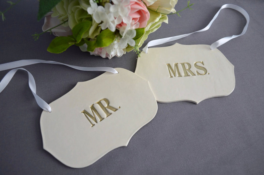 Mr. and Mrs. Wedding Sign Set to Hang on Chair and Use as Photo Prop; available in gold or silver