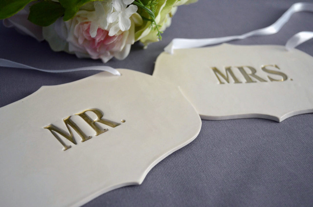 Mr. and Mrs. Wedding Sign Set to Hang on Chair and Use as Photo Prop; available in gold or silver