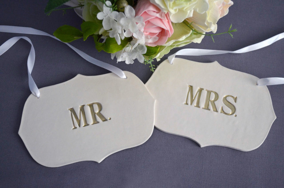 Mr. and Mrs. Wedding Sign Set to Hang on Chair and Use as Photo Prop; available in gold or silver
