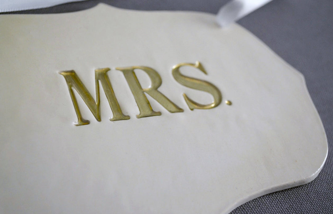Mr. and Mrs. Wedding Sign Set to Hang on Chair and Use as Photo Prop; available in gold or silver