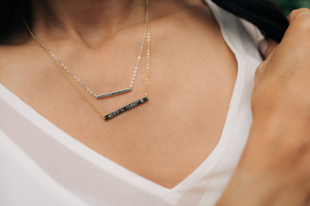 Personalized Coordinate Necklace, Location Necklace - 35x4 Bar Size