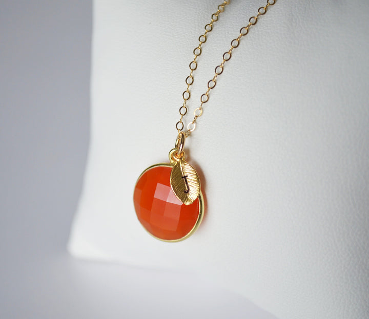 Personalized Carnelian Necklace, Round July Birthstone Necklace, 18K Gold Filled