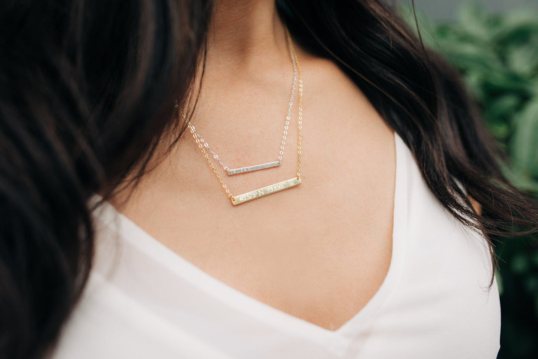 Personalized Coordinate Necklace, Location Necklace - 35x4 Bar Size