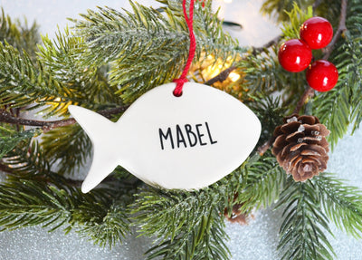 Personalized Cat Christmas Ornament, Fish Shaped Ornament