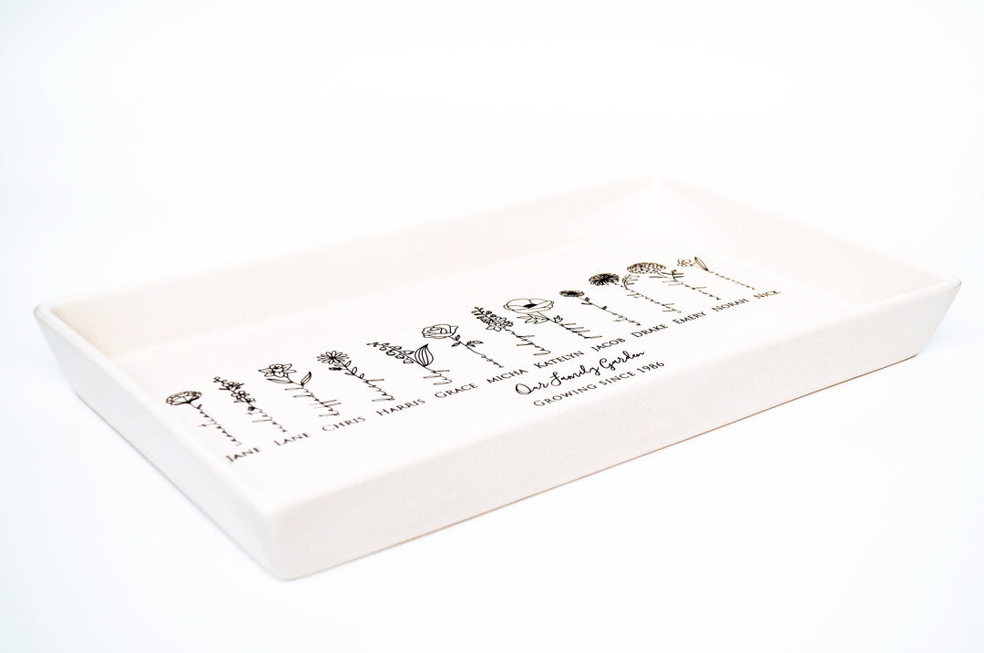 Personalized Birth Flowers Ceramic Tray, Family Garden, 12" x 7"