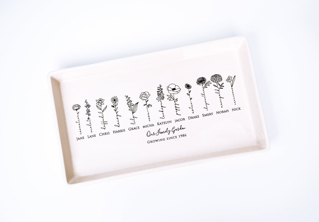 Personalized Birth Flowers Ceramic Tray, Family Garden, 12" x 7"
