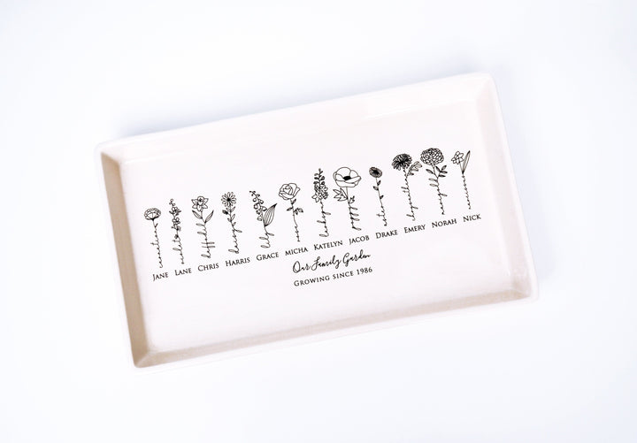 Personalized Birth Flowers Ceramic Tray, Family Garden, 12" x 7"