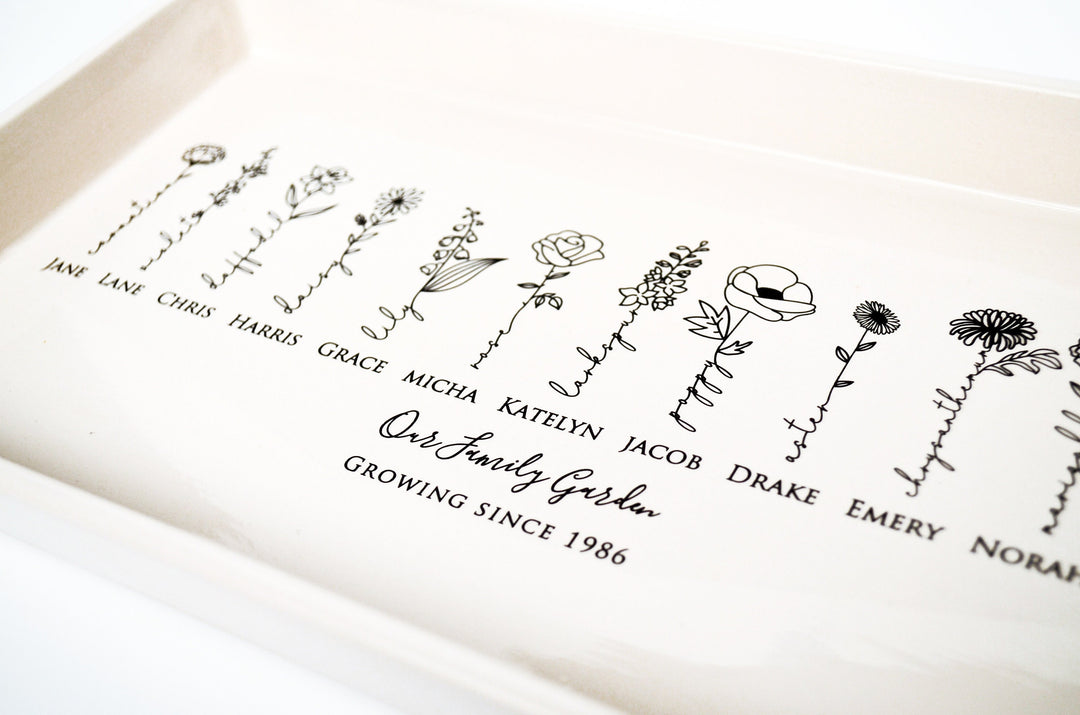 Personalized Birth Flowers Ceramic Tray, Family Garden, 12" x 7"