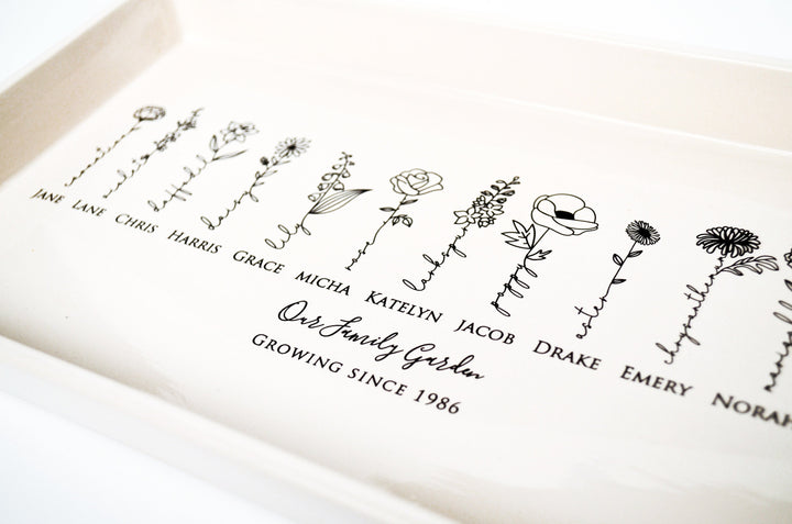 Personalized Birth Flowers Ceramic Tray, Family Garden, 12" x 7"