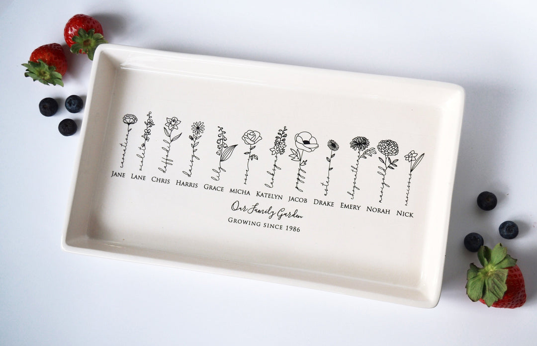 Personalized Birth Flowers Ceramic Tray, Family Garden, 12" x 7"