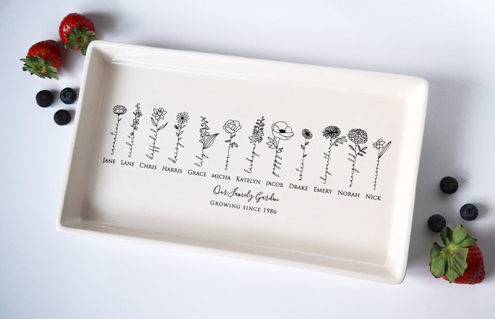 Personalized Birth Flowers Ceramic Tray, Family Garden, 12" x 7"
