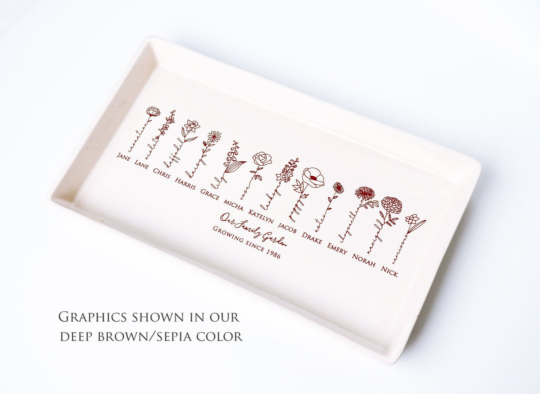 Personalized Birth Flowers Ceramic Tray, Family Garden, 12" x 7"