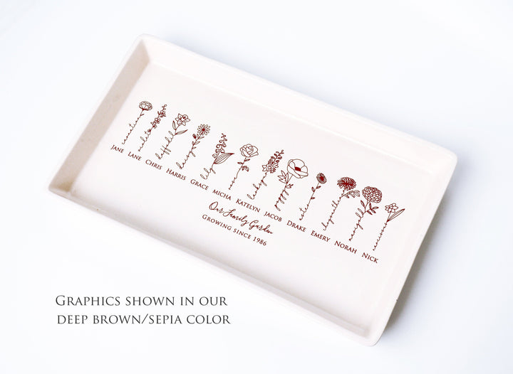 Personalized Birth Flowers Ceramic Tray, Family Garden, 12" x 7"