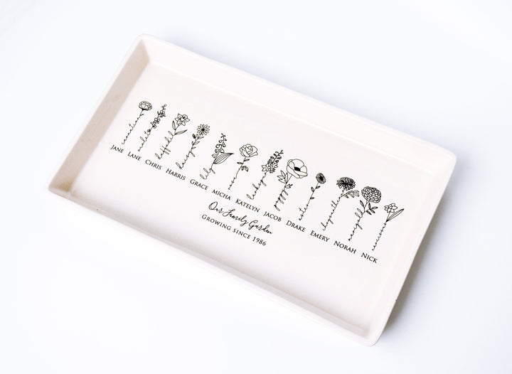 Personalized Birth Flowers Ceramic Tray, Family Garden, 12" x 7"