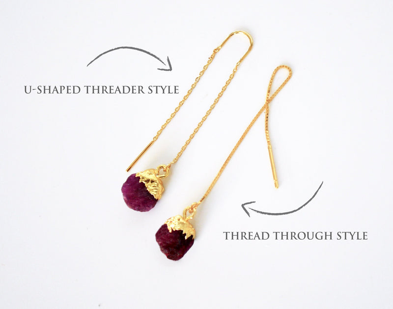 Raw Ruby Threader Earrings, Ruby Birthstone, July Birthday Gift