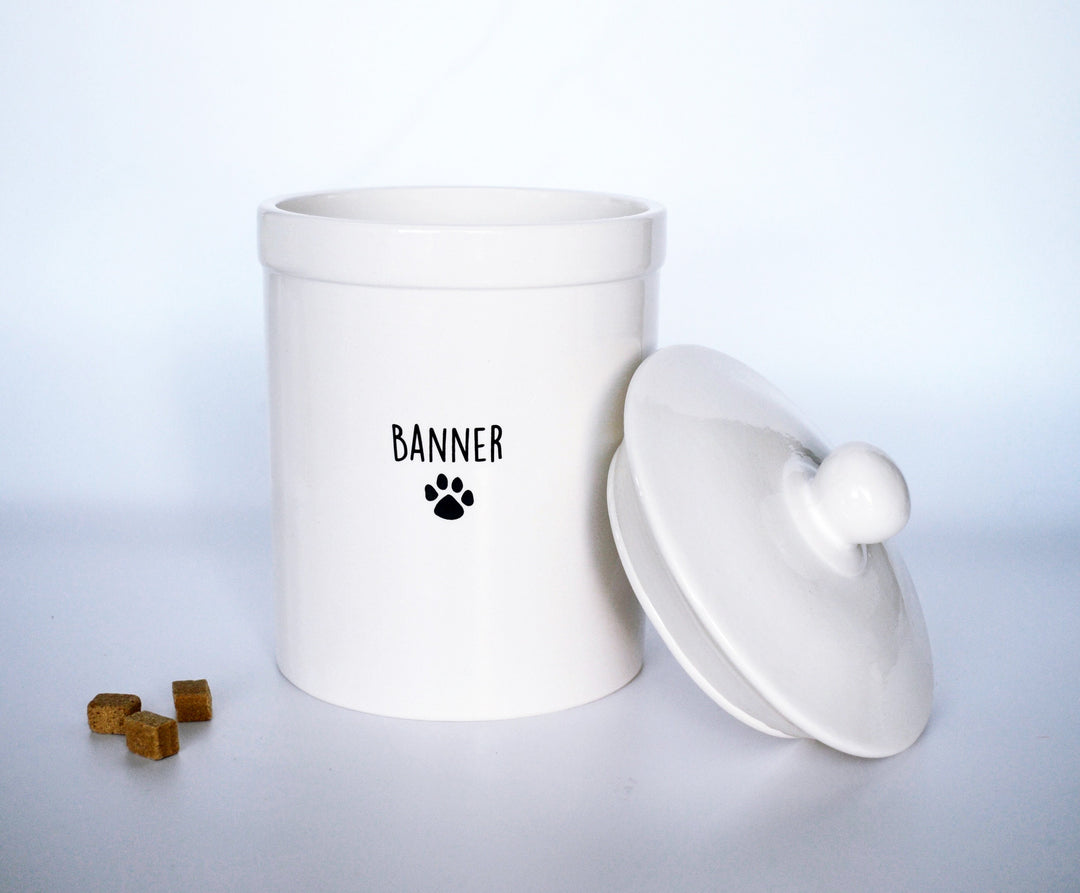 Personalized pet treat jar - white ceramic - paw print icon and pet's name on front