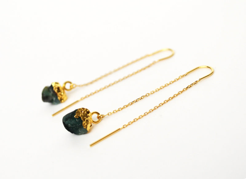Raw Emerald Threader Earrings, Emerald Birthstone, May Birthday Gift