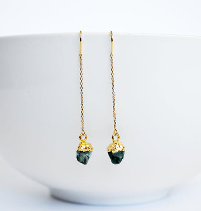 Raw Emerald Threader Earrings, Emerald Birthstone, May Birthday Gift