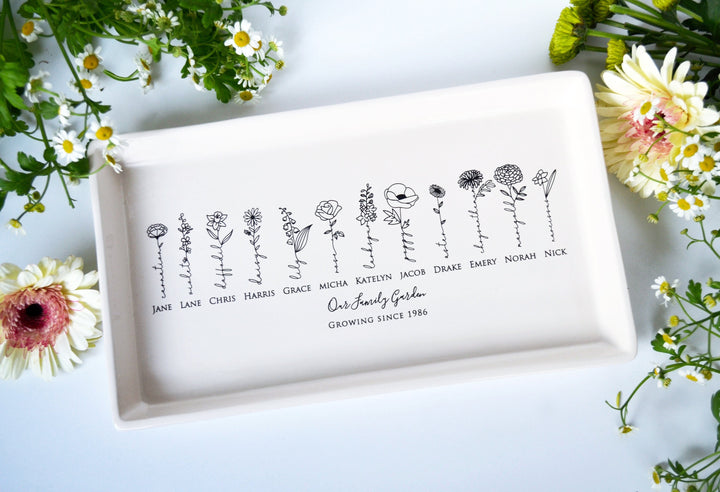Personalized Birth Flowers Ceramic Tray, Family Garden, 12" x 7"
