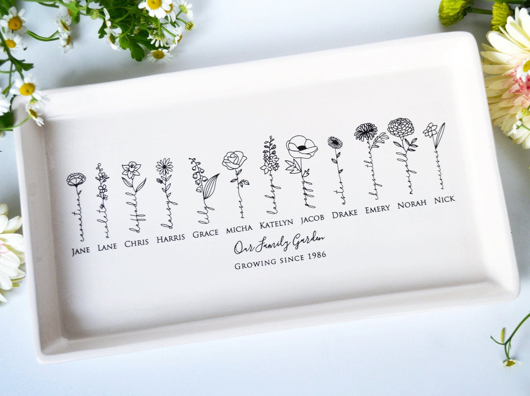 Personalized Birth Flowers Ceramic Tray, Family Garden, 12" x 7"