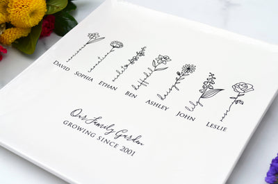 Large Garden of Love Flower Platter with Family Birth Flowers - Square
