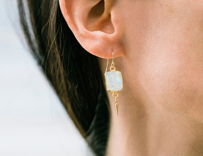 Moonstone Gemstone Slice Earrings, Raw Birthstone Earrings