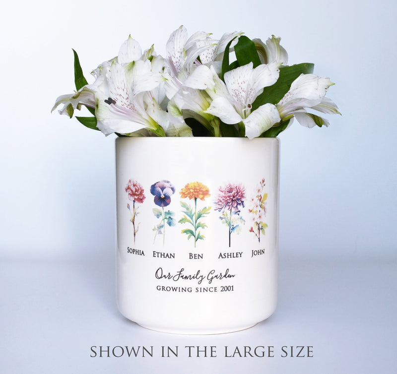 Birth Month Flower Personalized Flower Pot, Garden of Love Personalized Planter - Medium or Large - Color