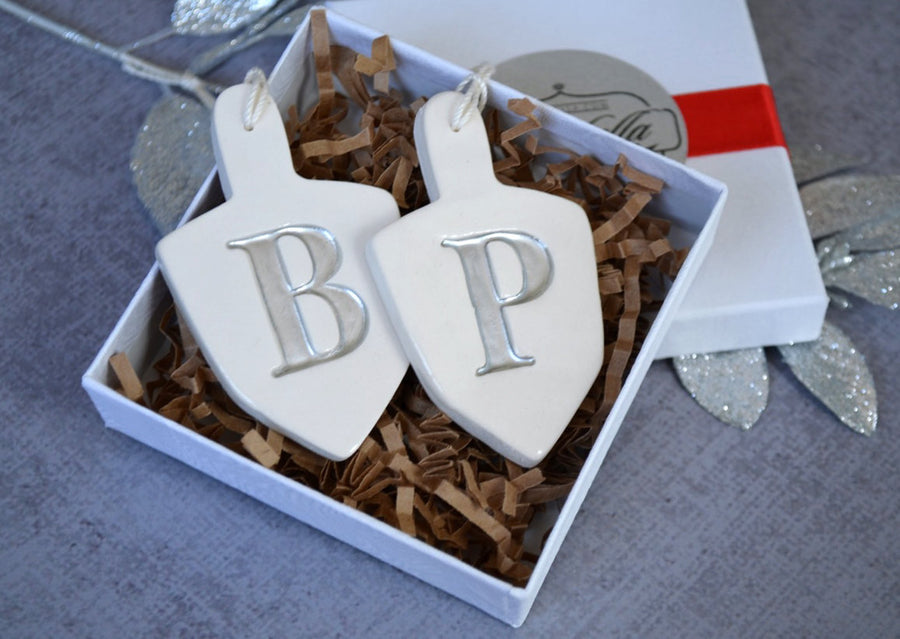 Set of 2 Dreidel shaped ornaments with stamped initials