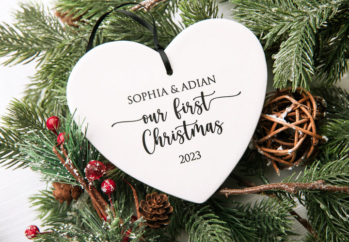 Our First Christmas Ornament 2025, Personalized Wedding Heart Ornament