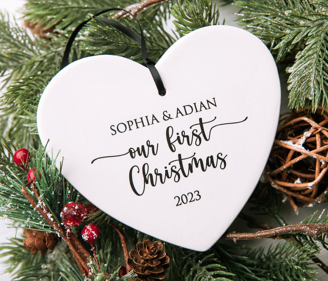 Our First Christmas Ornament 2025, Personalized Wedding Heart Ornament