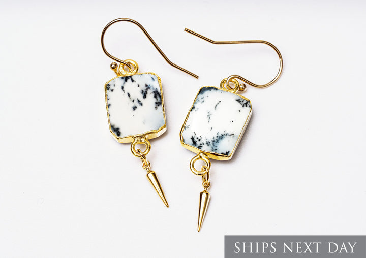 Dendrite Opal Gemstone Slice Earrings, Raw Birthstone Earrings
