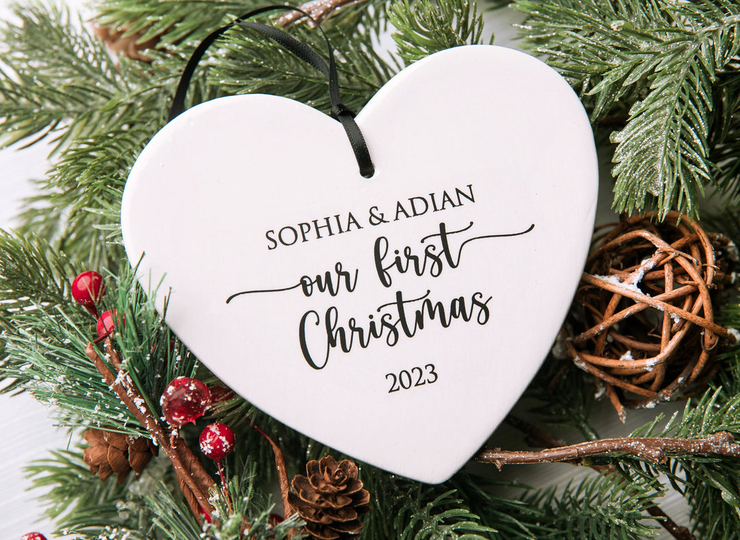 Our First Christmas Ornament 2025, Personalized Wedding Heart Ornament