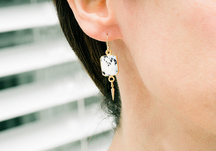Dendrite Opal Gemstone Slice Earrings, Raw Birthstone Earrings
