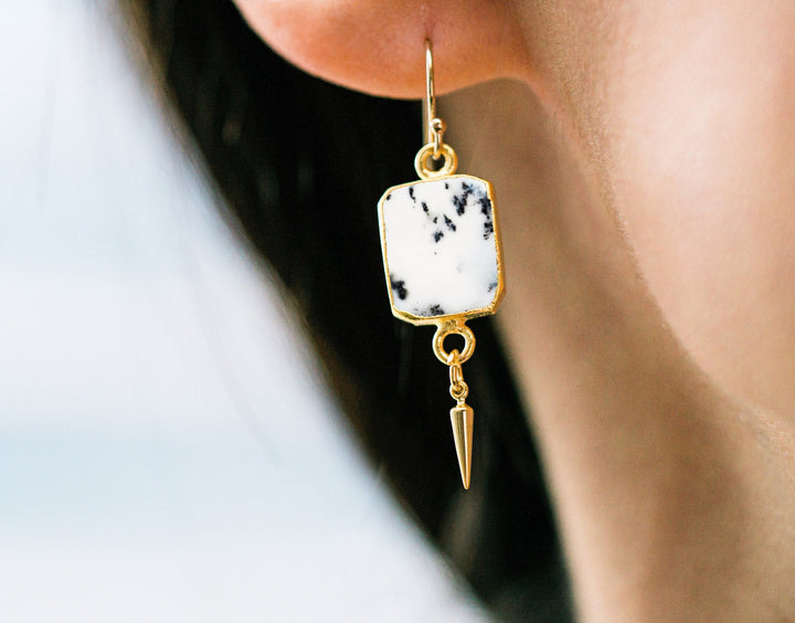 Dendrite Opal Gemstone Slice Earrings, Raw Birthstone Earrings