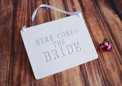 Personalized rectangular Here Comes The Bride Wedding Sign - to carry down the aisle and use as photo prop