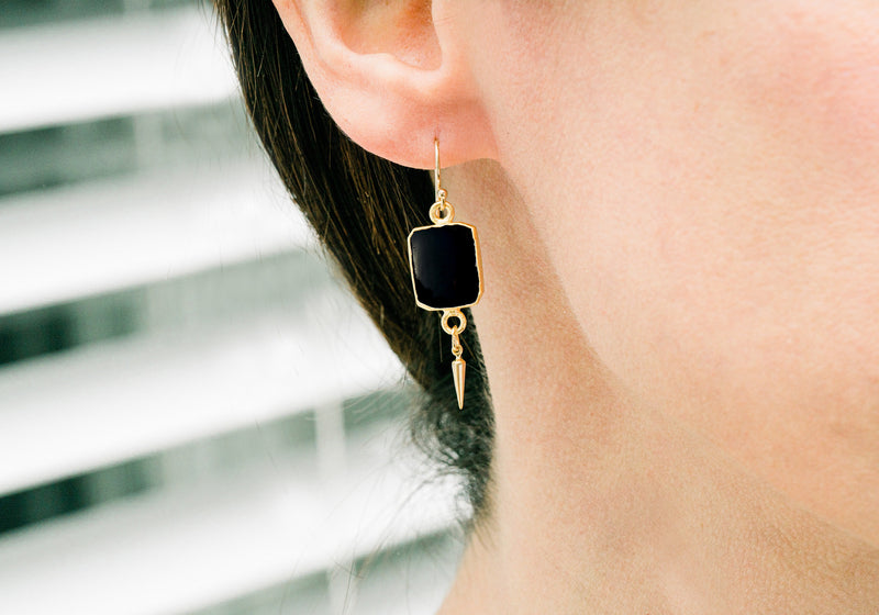 Black Onyx Gemstone Slice Earrings, Raw Birthstone Earrings