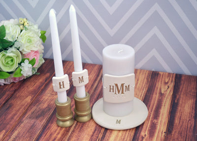 PERSONALIZED Unity Candle Ceremony Set with Candle Holders and Plate - in Gold