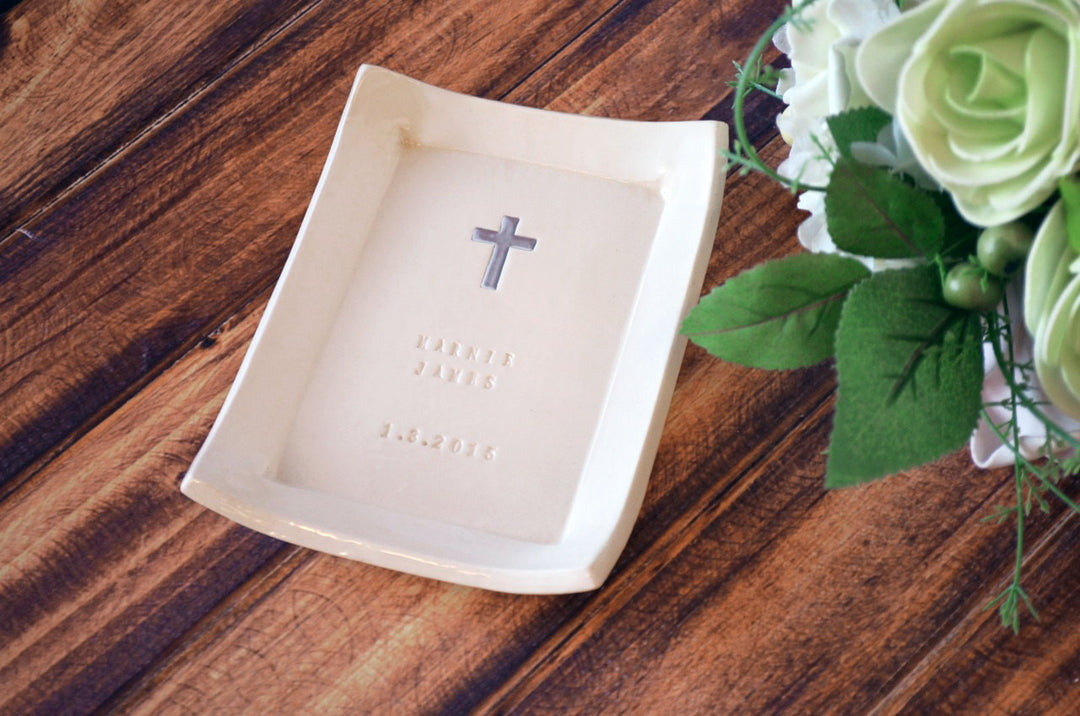 Personalized Miniature Rectangular Platter with Name & Cross | Baptism Gift